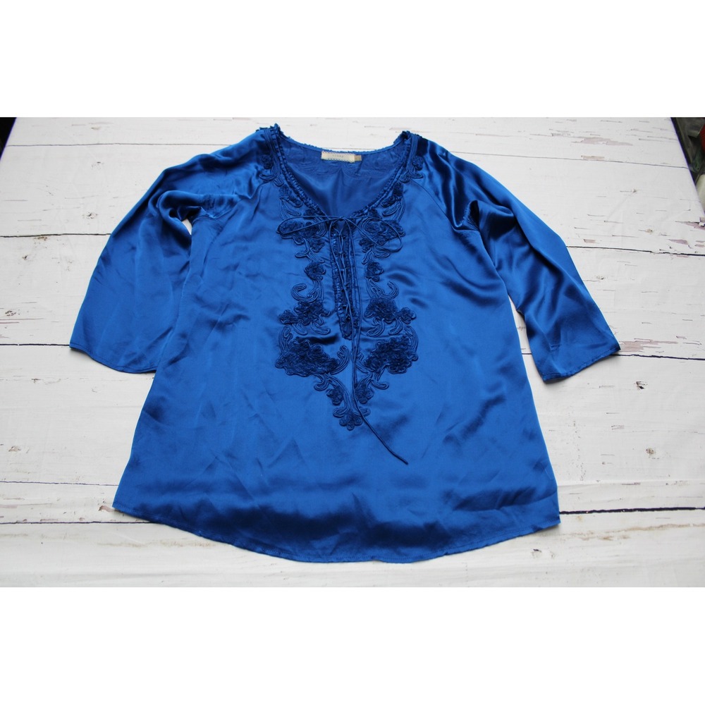 Cluny Anthropologie Royal Blue 100% Silk Embroidered Lace Up Blouse Top Size 8